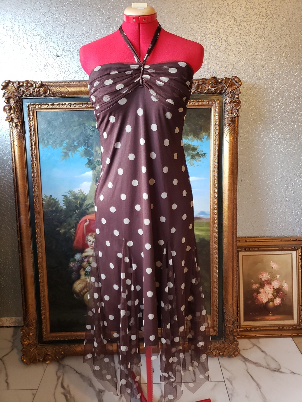 Niki Lavis Strapless Brown Dress with Cream Polka Dots